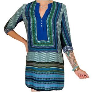 ZARA BASIC Blue/Green 3/4 Length Sleeve V-neck Pockets Tunic Dress Sz XL